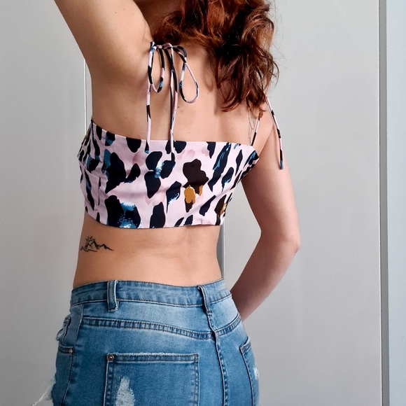 My Girl crop top in pink with leopard print, front tie, size 8 - Picture 2 of 6
